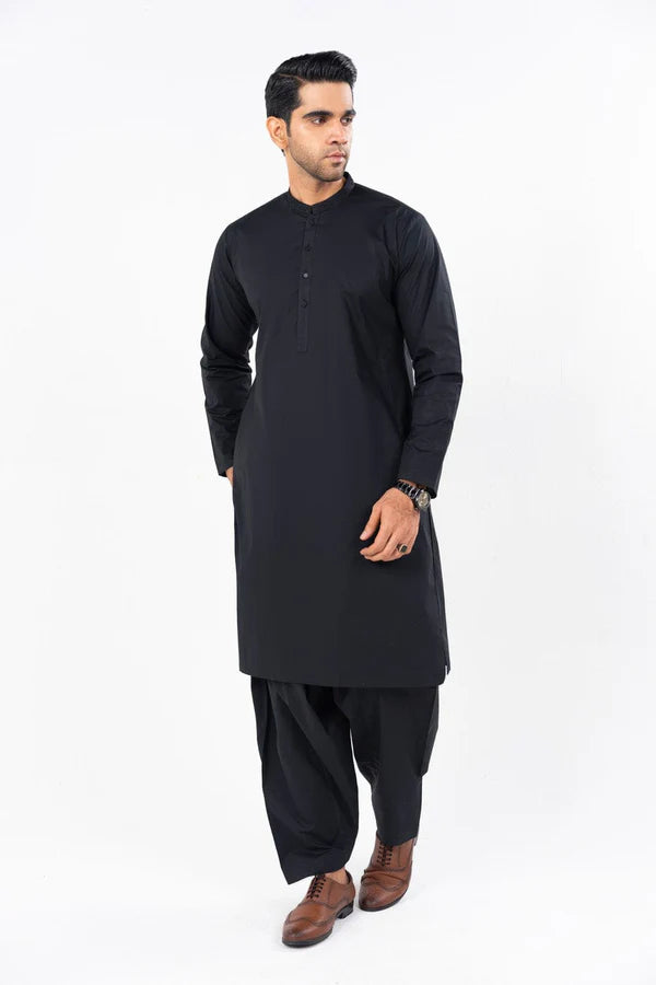 Black Embroidered Shahsawar Latha Kameez Shalwar