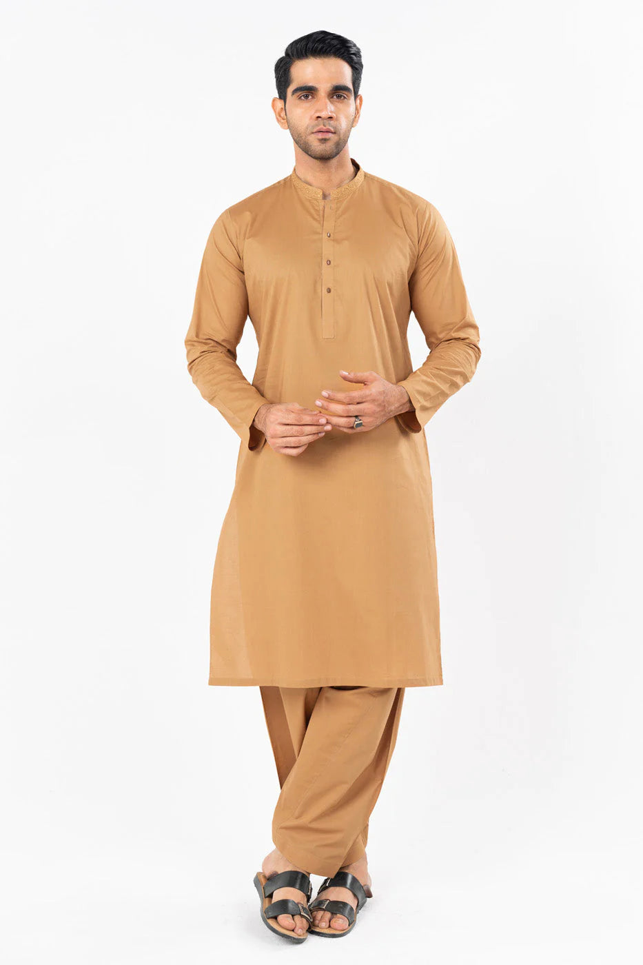 Mustard Embroidered Cambric Kameez Shalwar