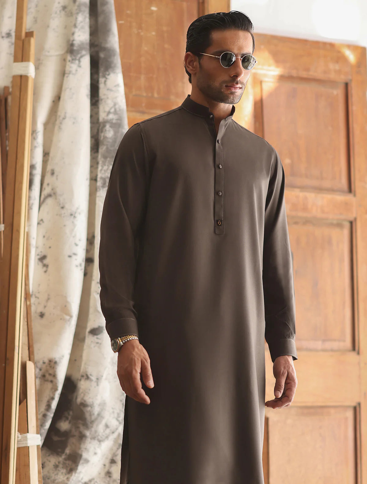 Ismail Farid Brown Oxford Pin-Point Kameez Shalwar