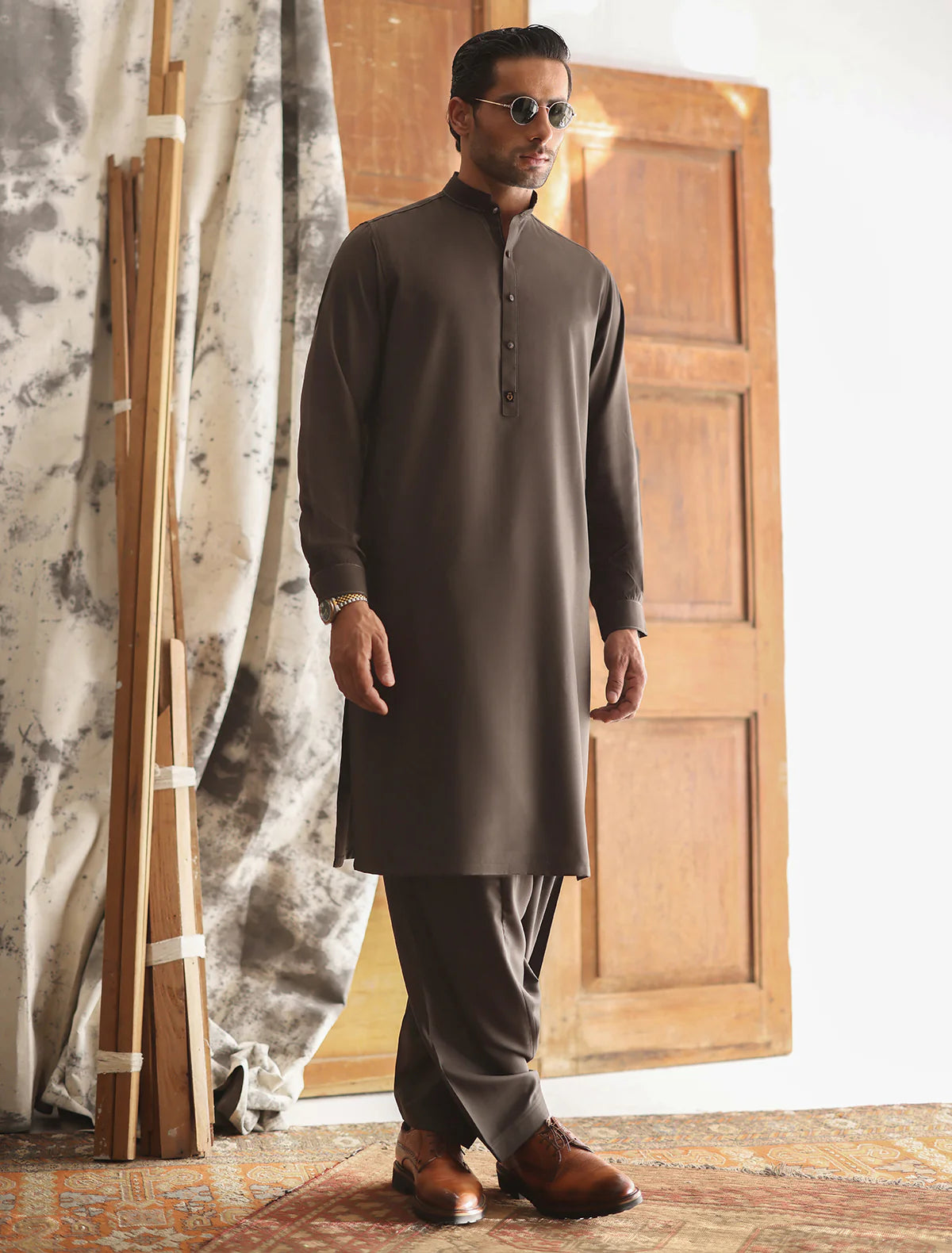 Ismail Farid Brown Oxford Pin-Point Kameez Shalwar