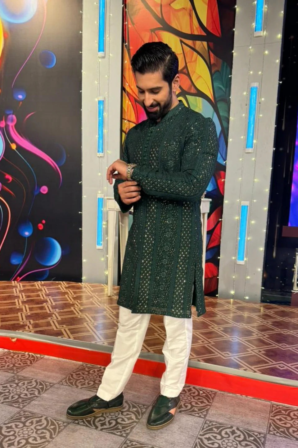 Humayun Alamgir Green Sequence Kurta Pyjama