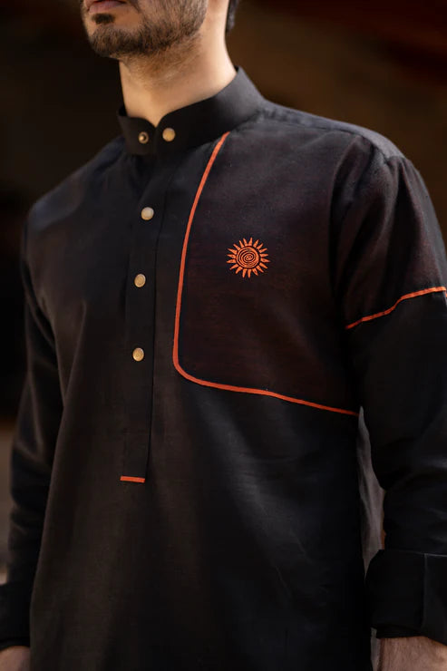 Snug Black Linen Kurta Trouser & Waistcoat