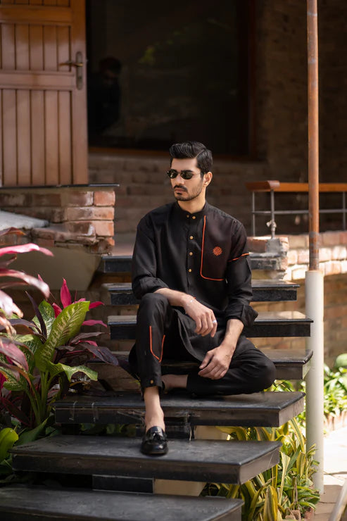 Snug Black Linen Kurta Trouser & Waistcoat