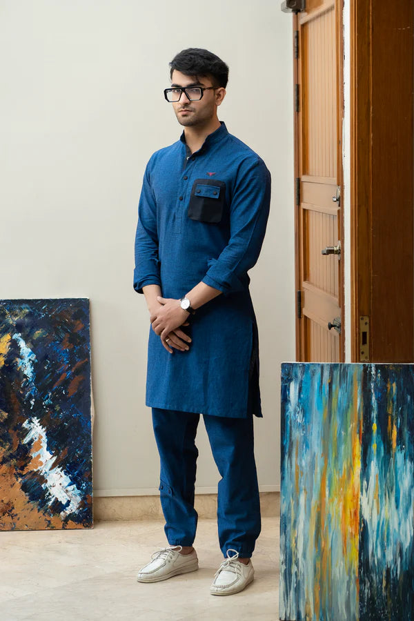 Snug Royal Blue Kurta Pyjama With Waistcoat