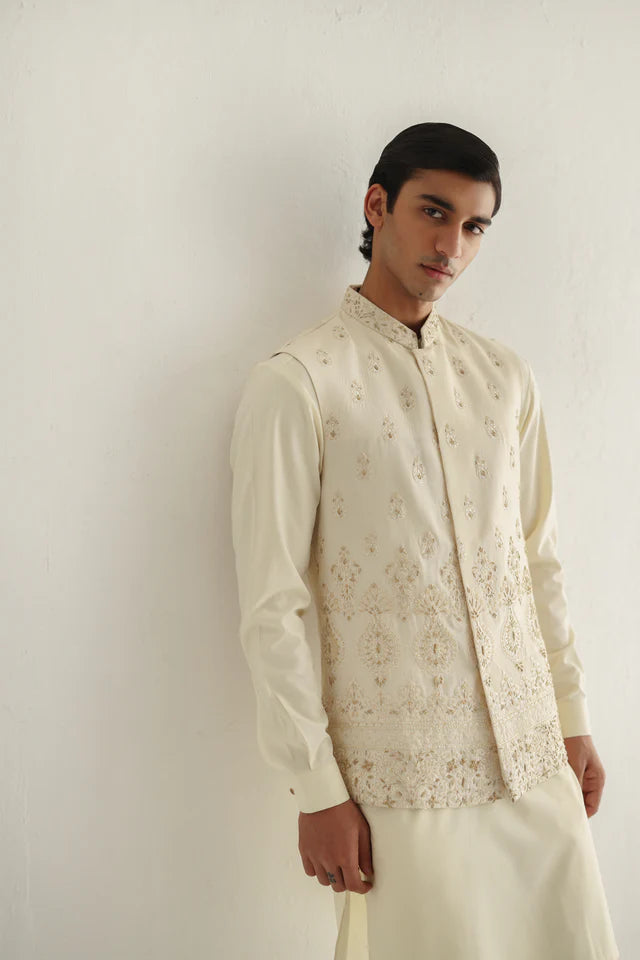 Humayun Alamgir Ivory Embossed Daman Waistcoat