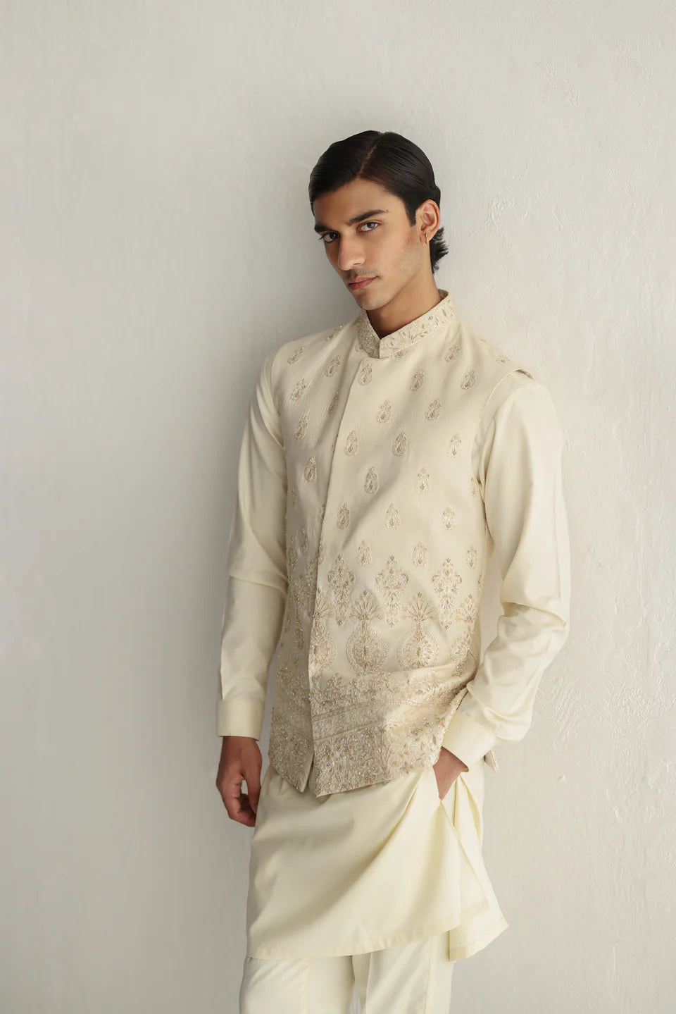 Humayun Alamgir Ivory Embossed Daman Waistcoat