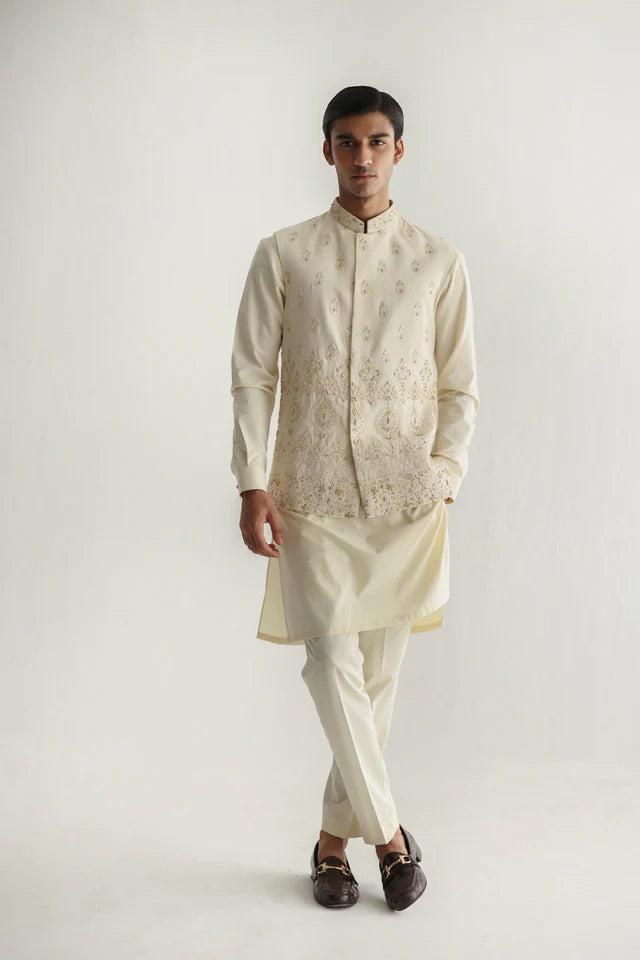 Humayun Alamgir Ivory Embossed Daman Waistcoat