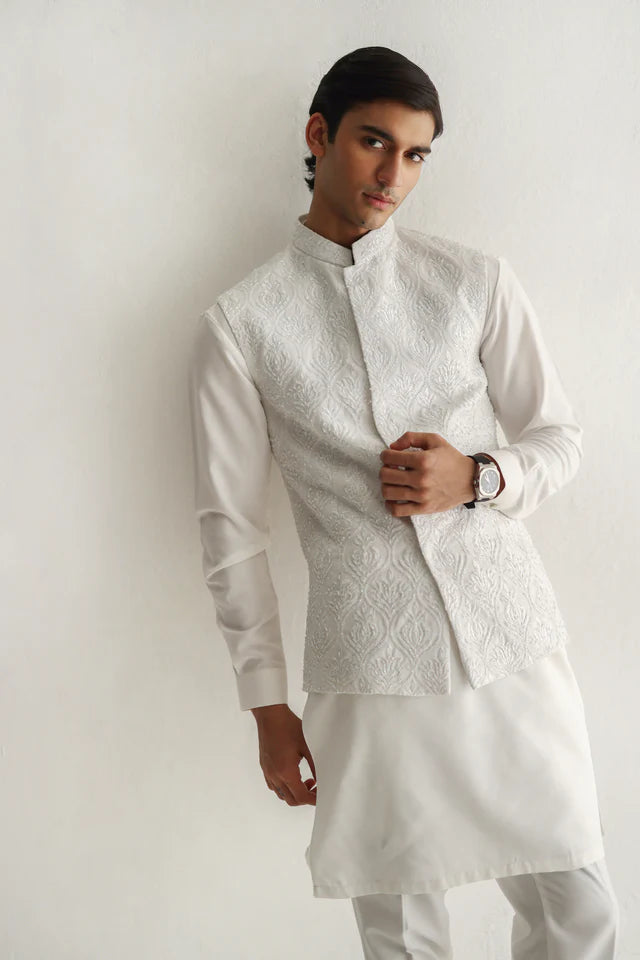 Humayun Alamgir White Embossed Waistcoat