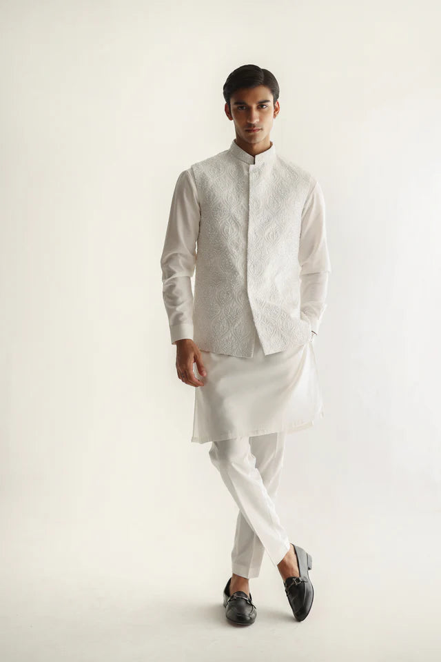 Humayun Alamgir White Embossed Waistcoat