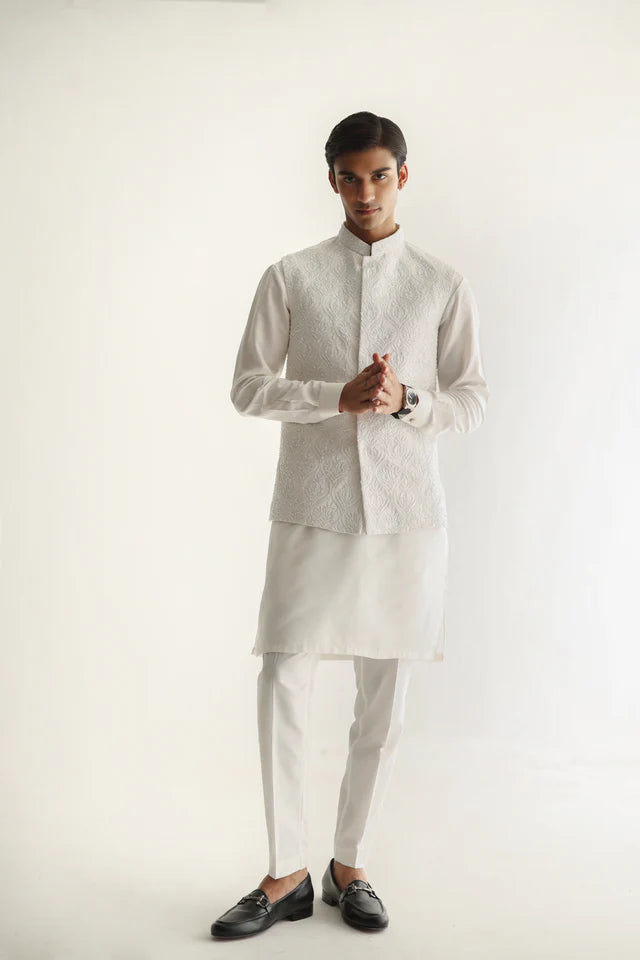 Humayun Alamgir White Embossed Waistcoat