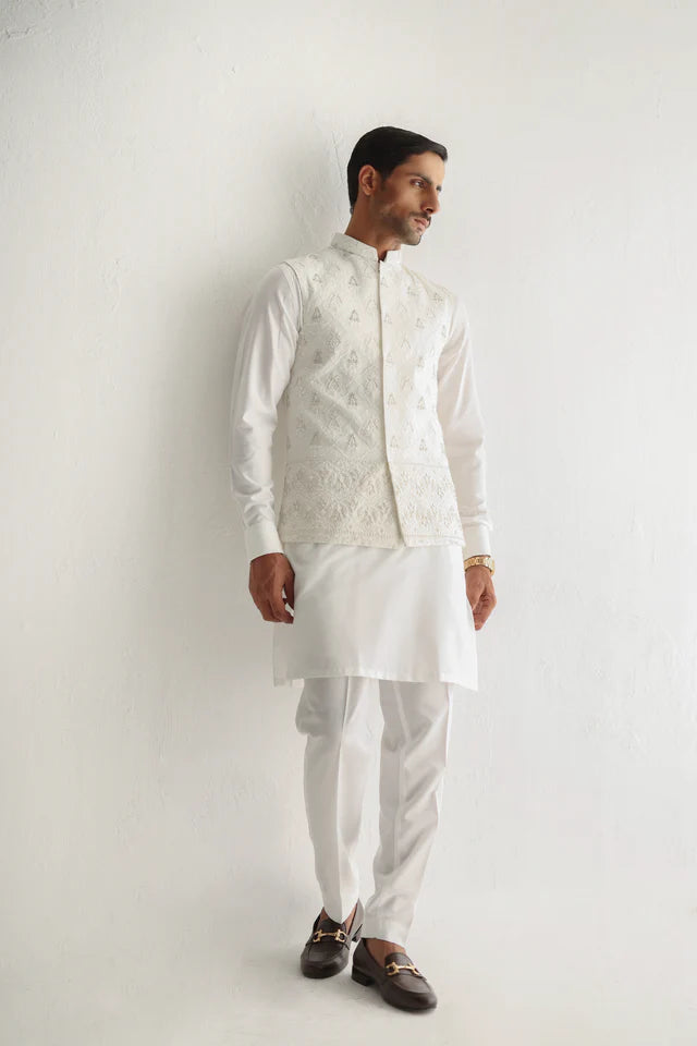 Humayun Alamgir White Embossed Daman Waistcoat