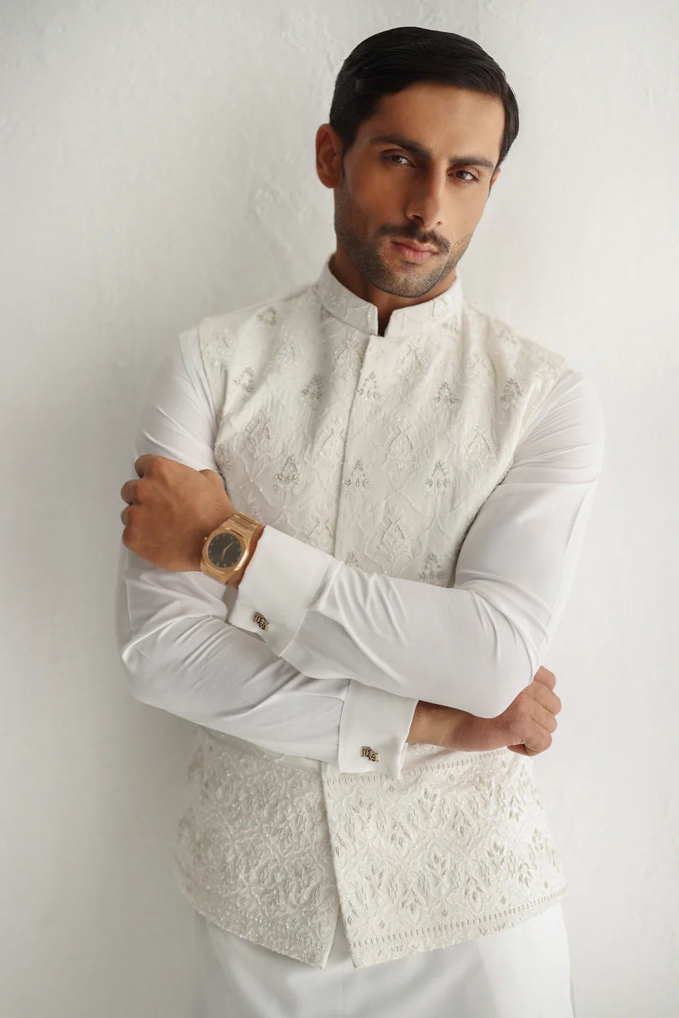 Humayun Alamgir White Embossed Daman Waistcoat