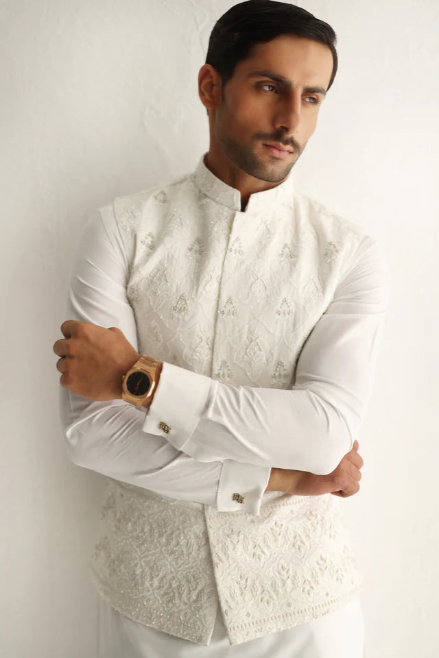 Humayun Alamgir White Embossed Daman Waistcoat