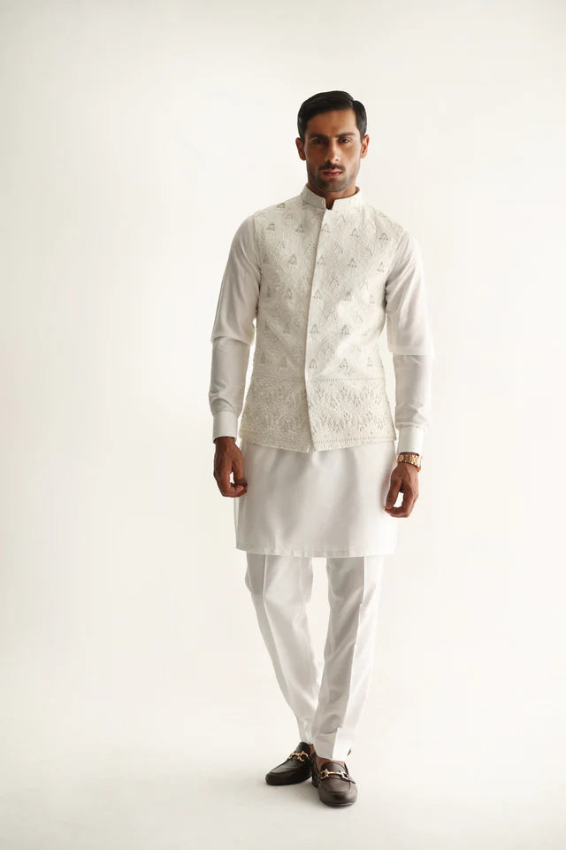 Humayun Alamgir White Embossed Daman Waistcoat