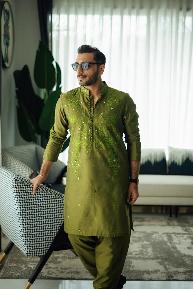 Humayun Alamgir Olive Green Mirror Embossed Kurta Pyjama