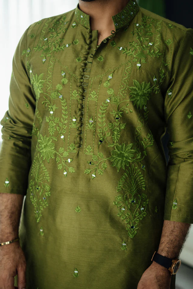 Humayun Alamgir Olive Green Mirror Embossed Kurta Pyjama