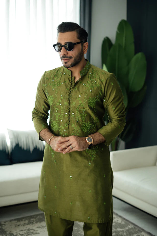 Humayun Alamgir Olive Green Mirror Embossed Kurta Pyjama