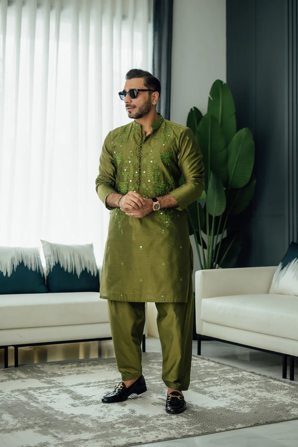 Humayun Alamgir Olive Green Mirror Embossed Kurta Pyjama