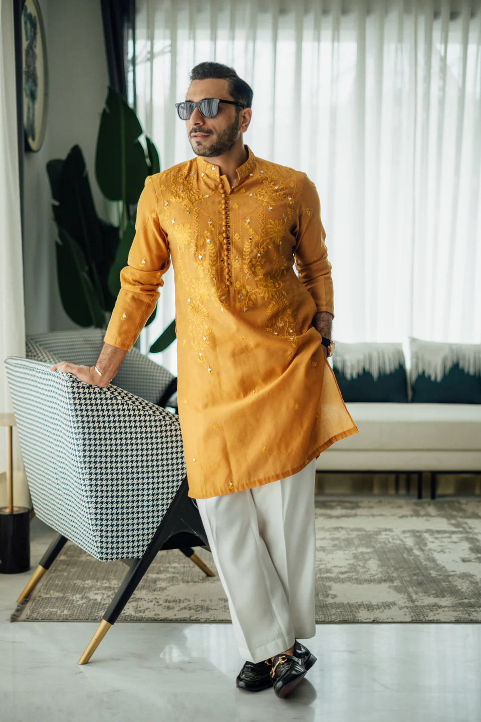 Humayun Alamgir Mustard Mirror Embossed Kurta Pyjama