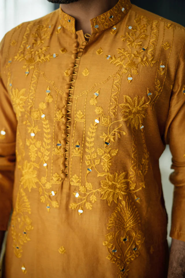 Humayun Alamgir Mustard Mirror Embossed Kurta Pyjama