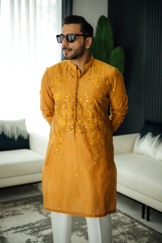 Humayun Alamgir Mustard Mirror Embossed Kurta Pyjama