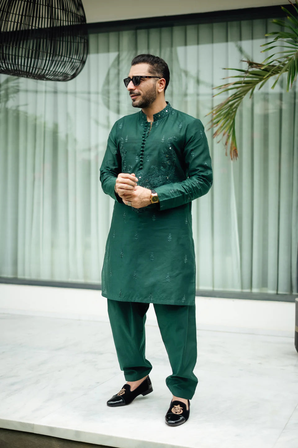 Humayun Alamgir Bottle Green Mirror Embossed Kurta Pyjama