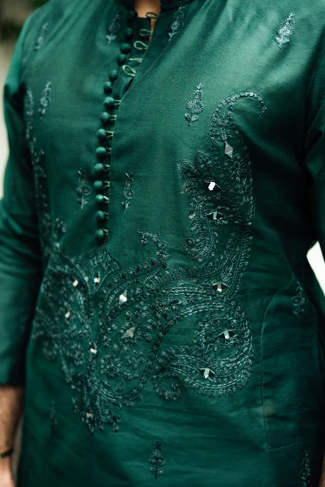 Humayun Alamgir Bottle Green Mirror Embossed Kurta Pyjama