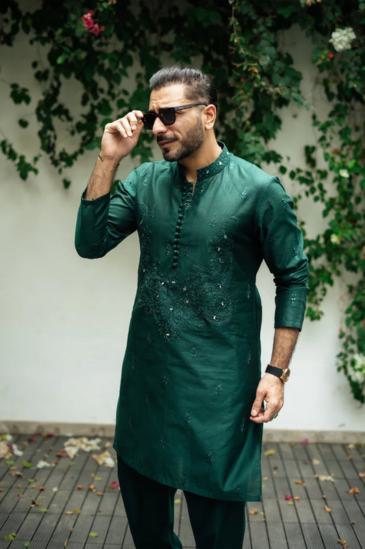 Humayun Alamgir Bottle Green Mirror Embossed Kurta Pyjama