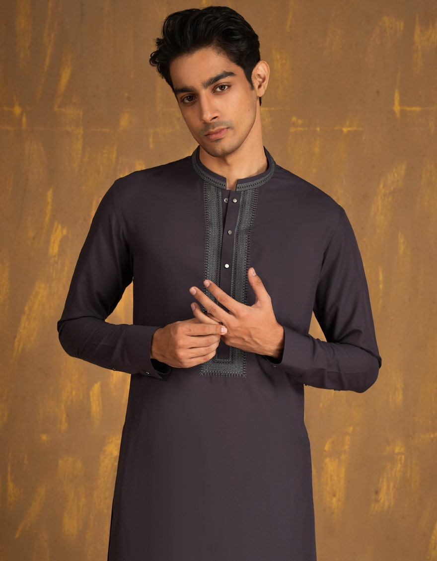 Dark Purple Embroidered Kurta Pyjama