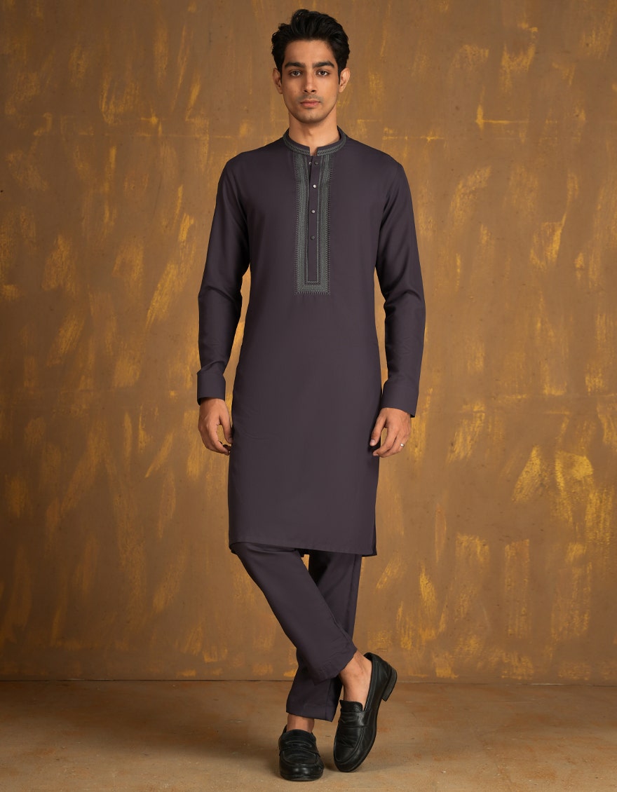 Dark Purple Embroidered Kurta Pyjama