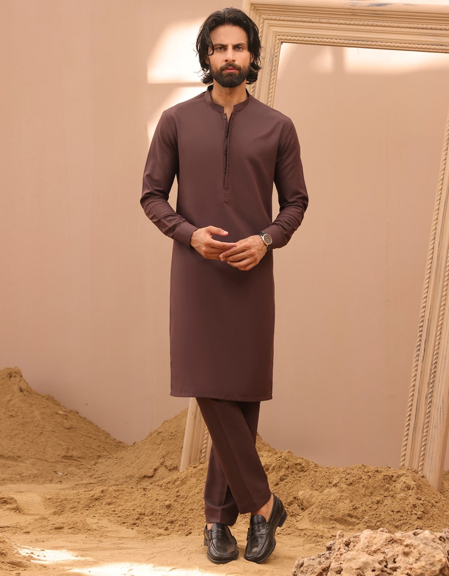 Brown Embroidered Kurta Pyjama